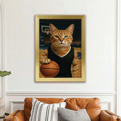 Custom Photo Basketball Player Cat Canvas Framed Wall Art Gift For Cat Lovers