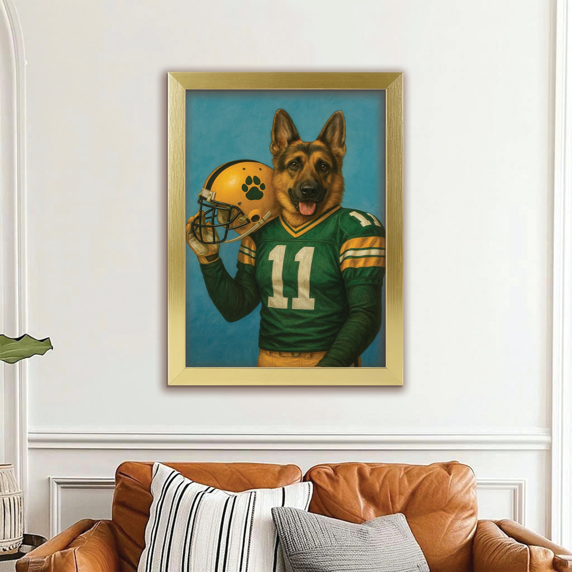 Custom Dog Photo Football Player Canvas Framed Wall Art