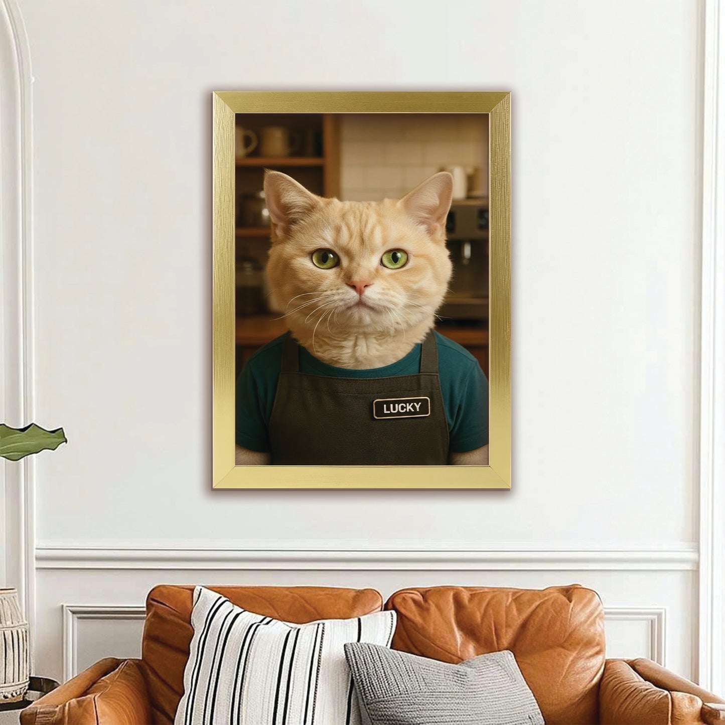 Custom Photo Barista Cat Canvas Framed Wall Art Gift For Cat Lovers