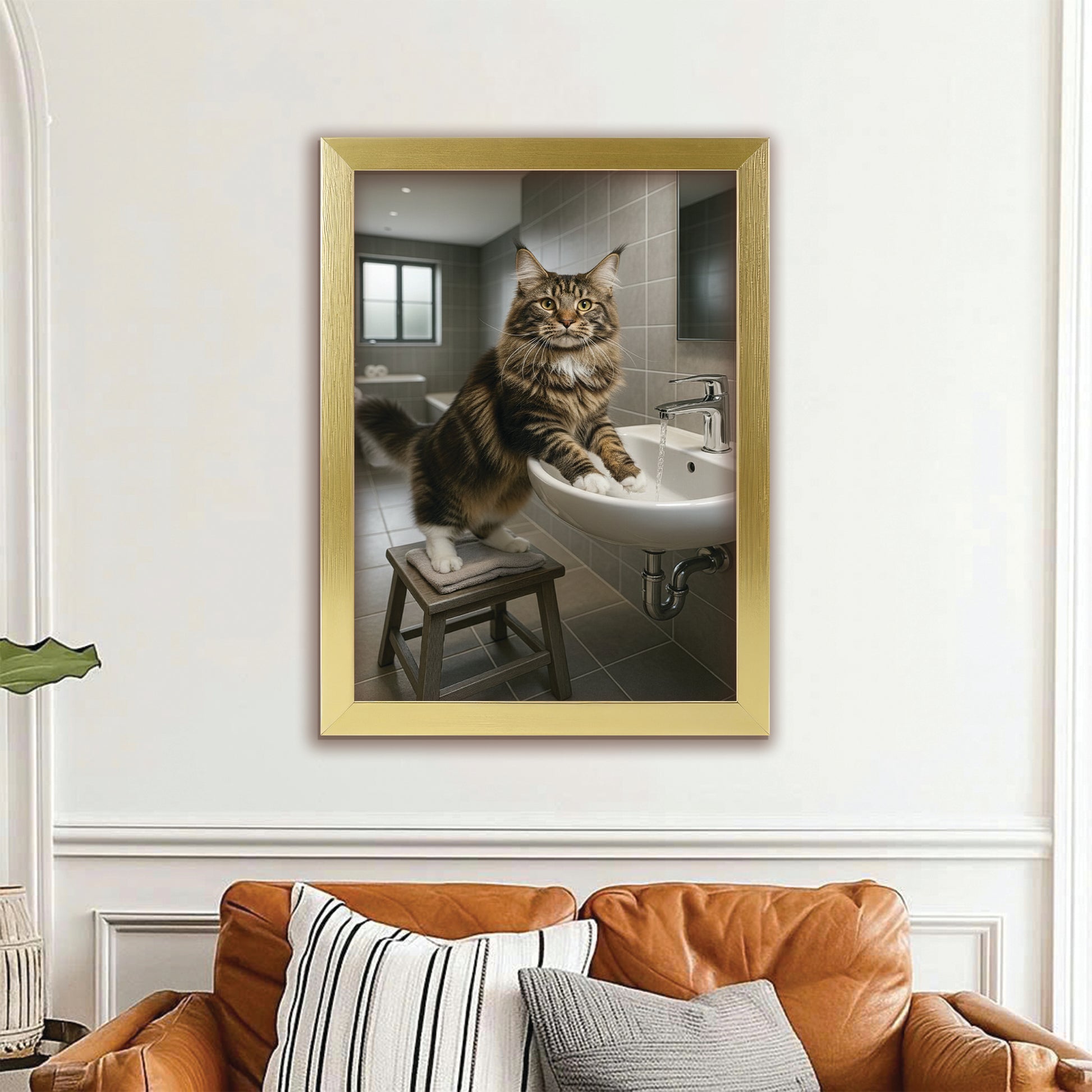 Custom Photo Cat In Bathroom Style 1 Canvas Framed Wall Art Gift For Cat Lovers