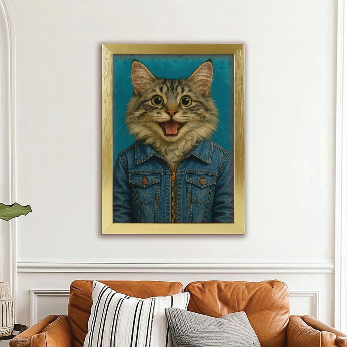 Custom Photo Denim Cat Canvas Framed Wall Art Gift For Cat Lovers