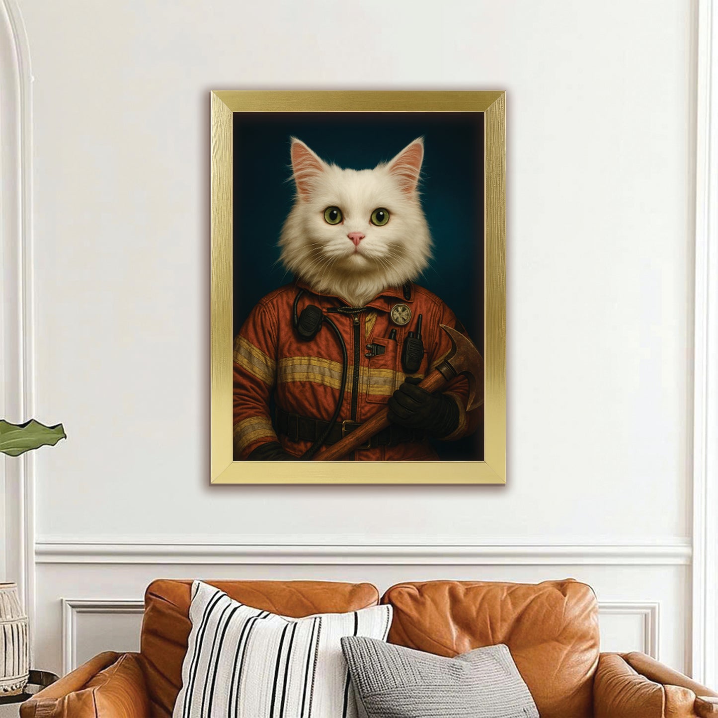 Custom Cat Photo Firefighter Canvas Framed Wall Art _ Gift For Cat Lovers