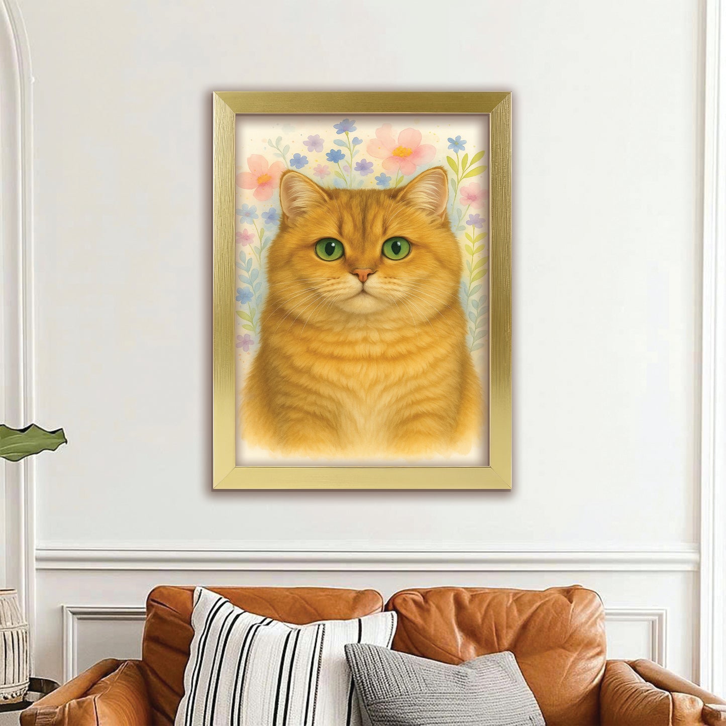 Custom Photo Cat Floral Watercolor Art Canvas Framed Wall Art