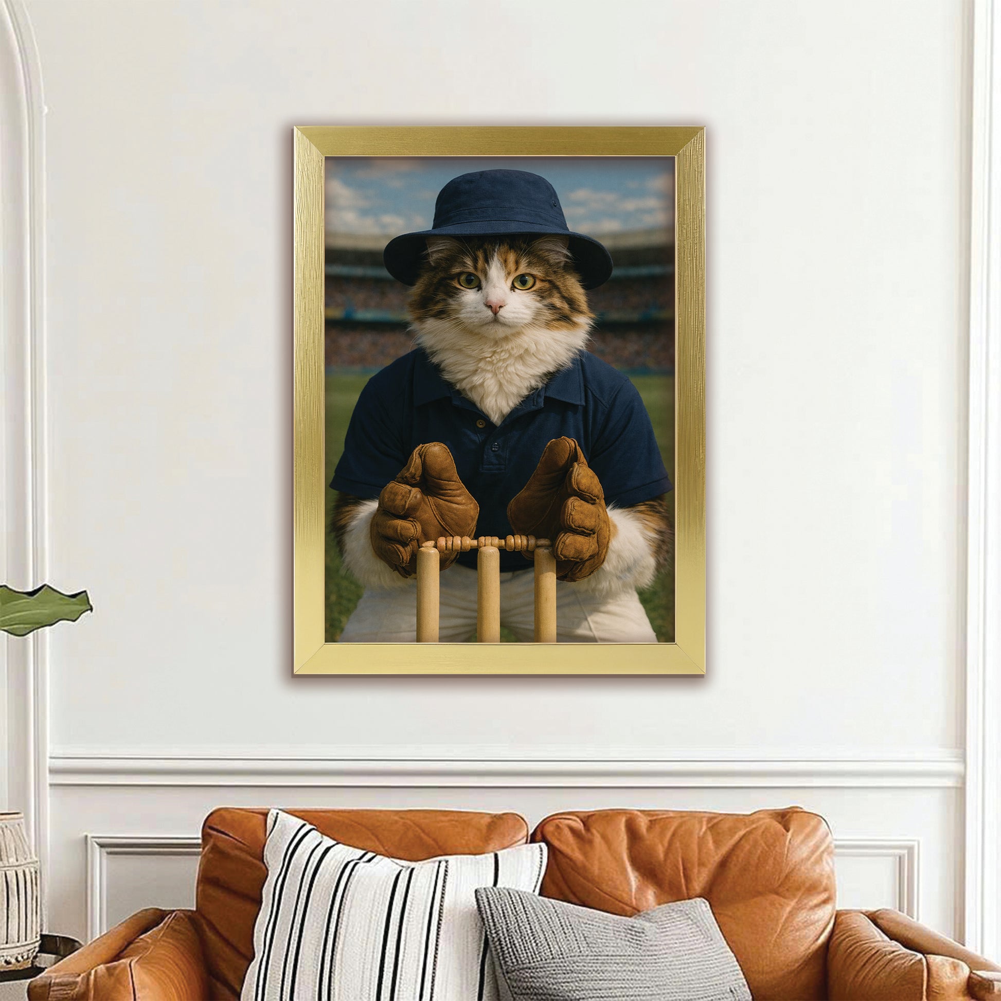 Custom Photo Cricket Player Cat Canvas Framed Wall Art Gift For Cat Lovers