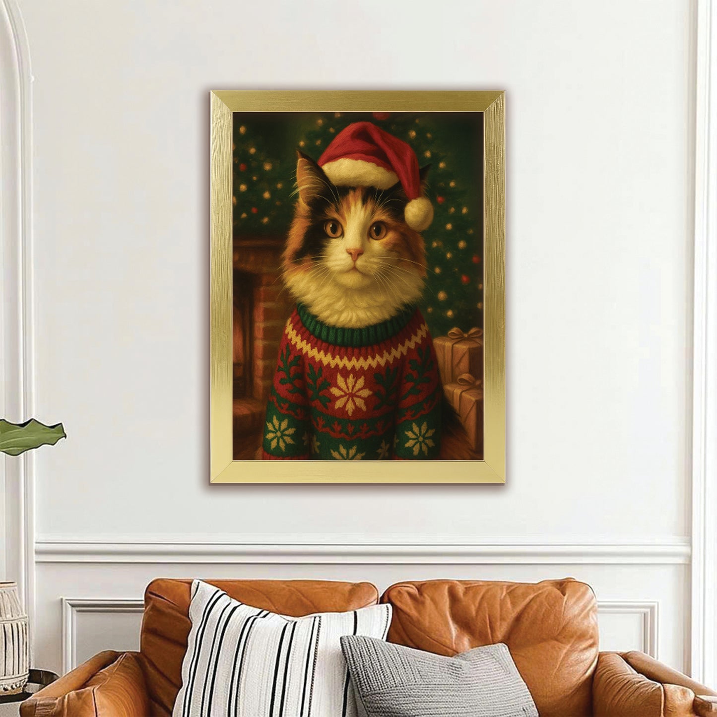 Custom Photo Cat Christmas Oufit Canvas Framed Wall Art
