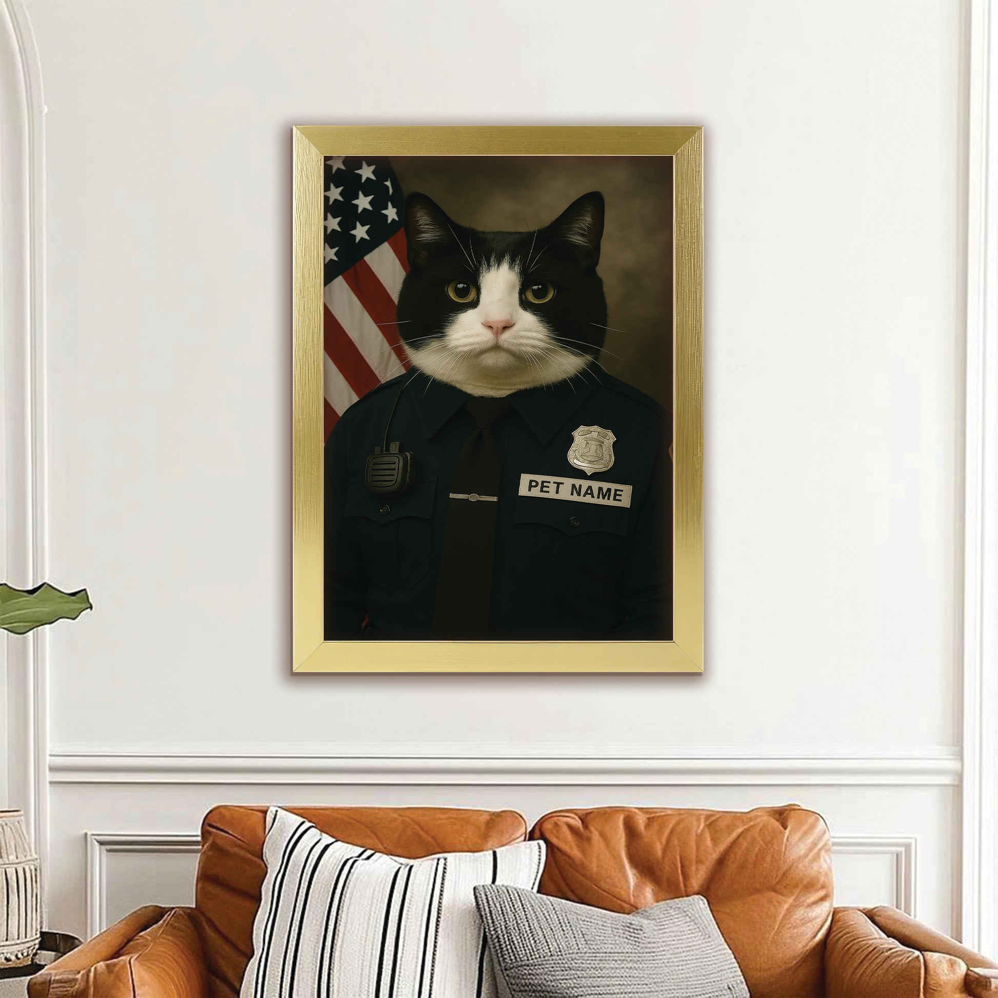 Custom Cat Photo Policeman Canvas Framed Wall Art _ Gift For Cat Lovers