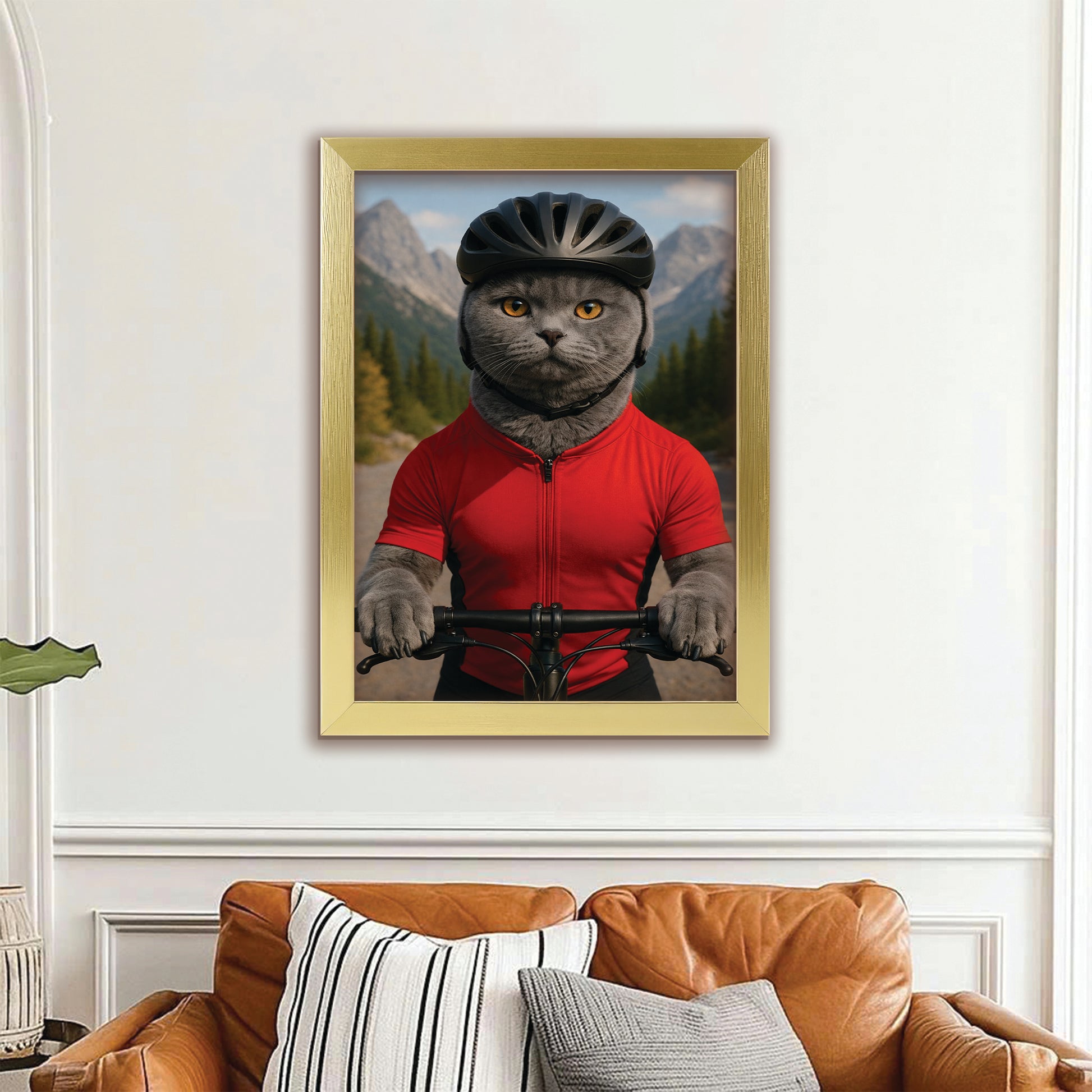 Custom Photo Cyclist Dart Bike Cat Canvas Framed Wall Art Gift For Cat Lovers