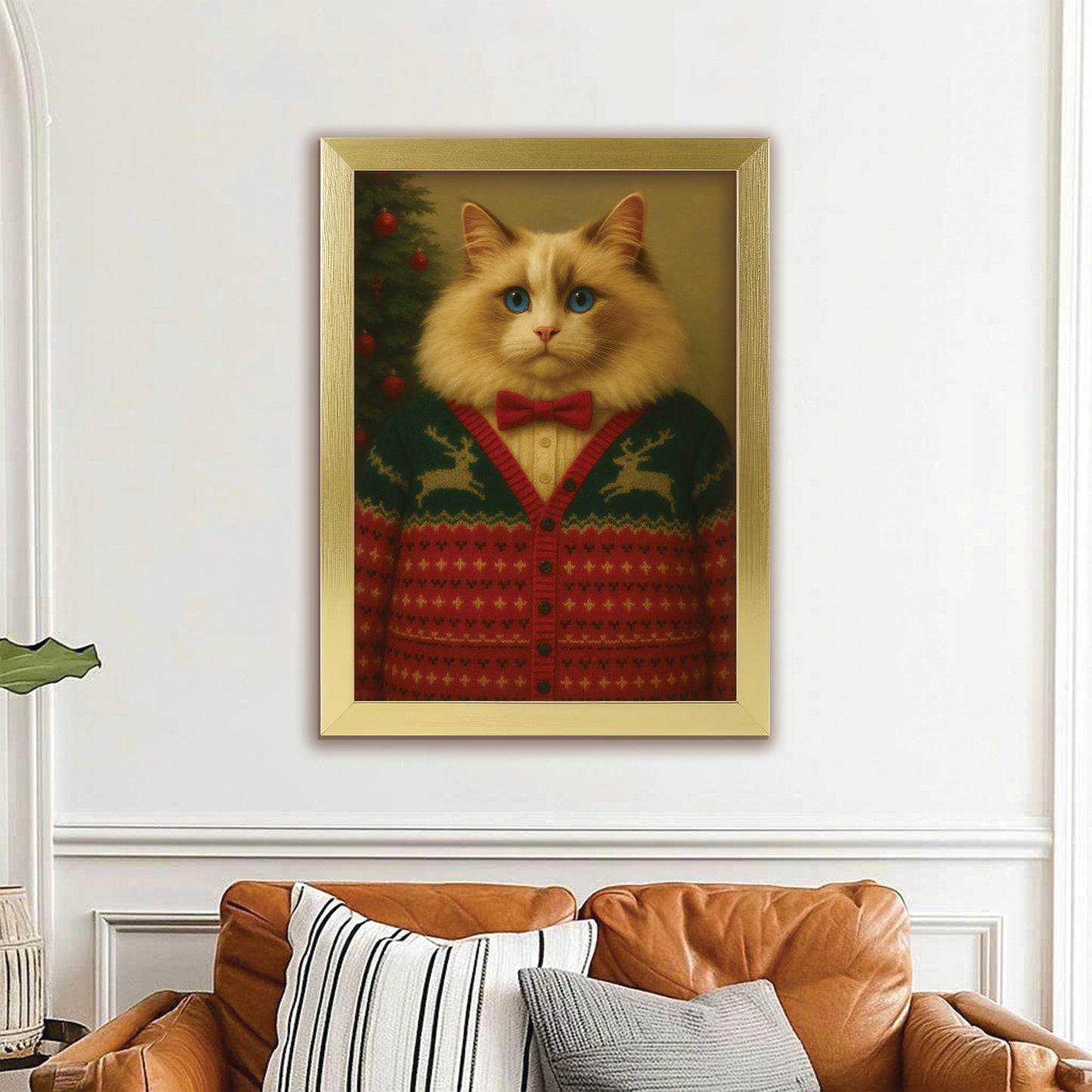 Custom Photo Christmas Cat Canvas Framed Wall Art Gift For Cat Lovers