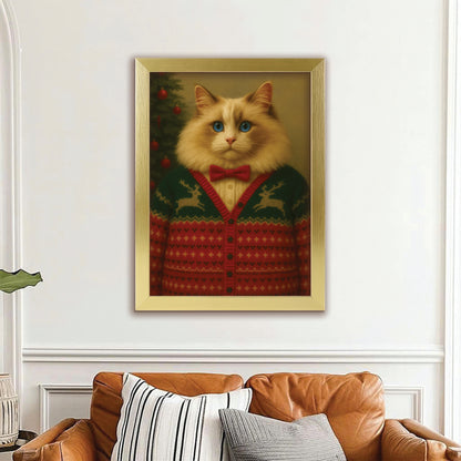 Custom Photo Christmas Cat Canvas Framed Wall Art Gift For Cat Lovers