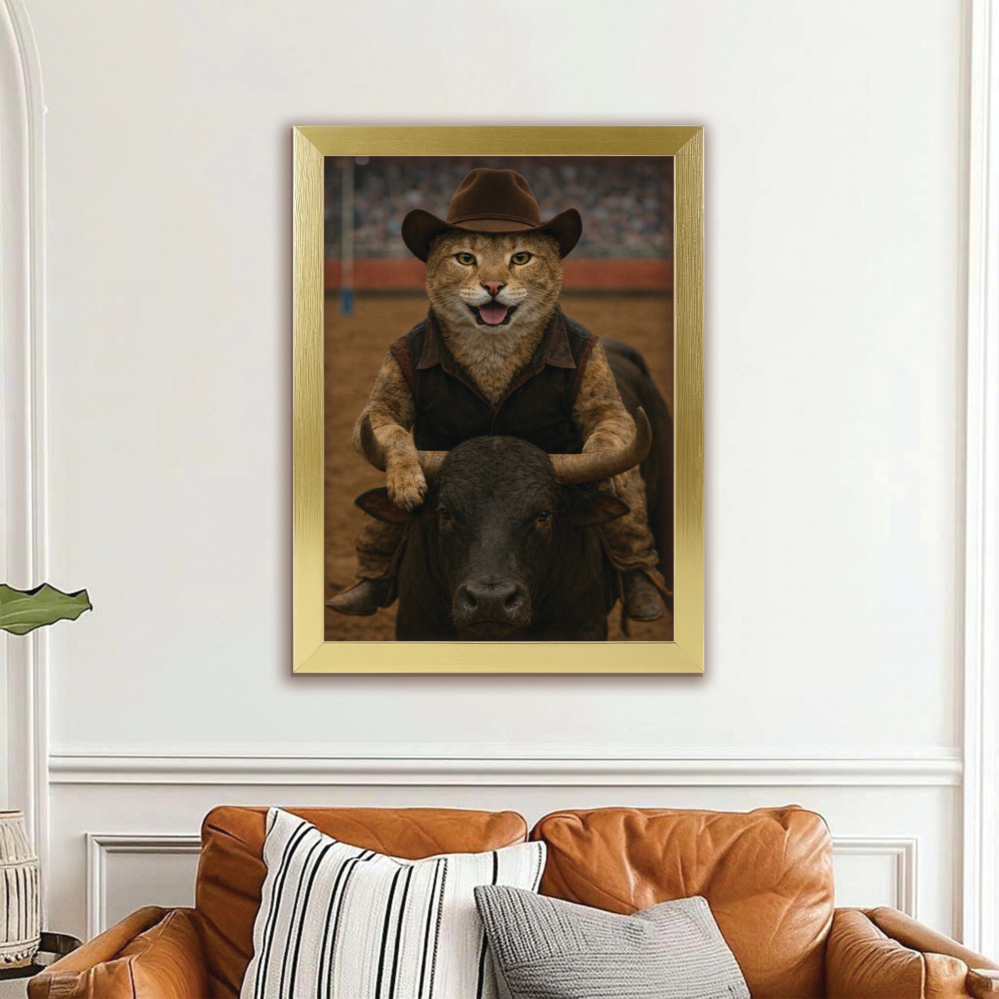 Custom Photo Bull Rider Cowboy Cat Canvas Framed Wall Art Gift For Cat Lovers