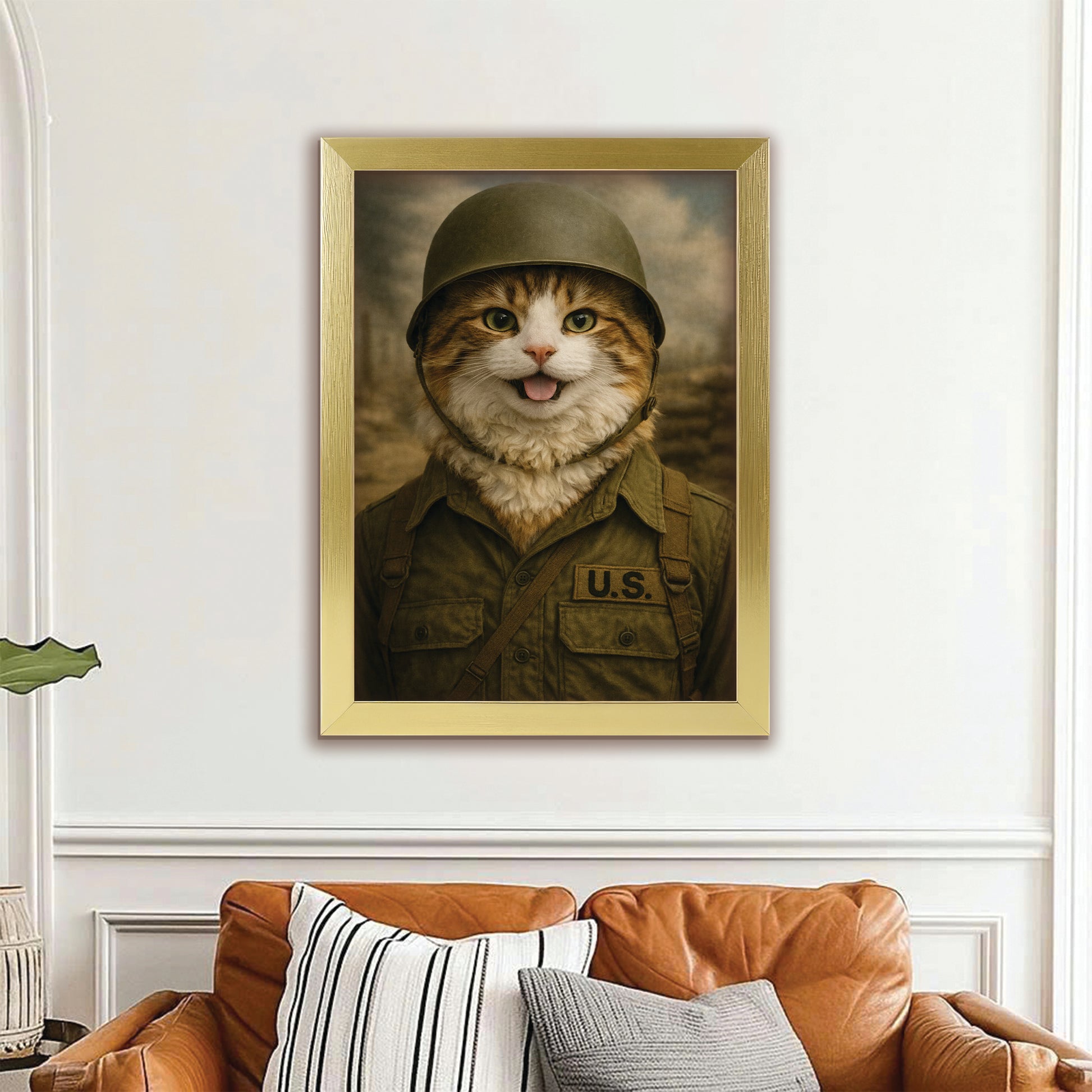 Custom Photo Military Cat Canvas Framed Wall Art  Gift For Cat Lovers