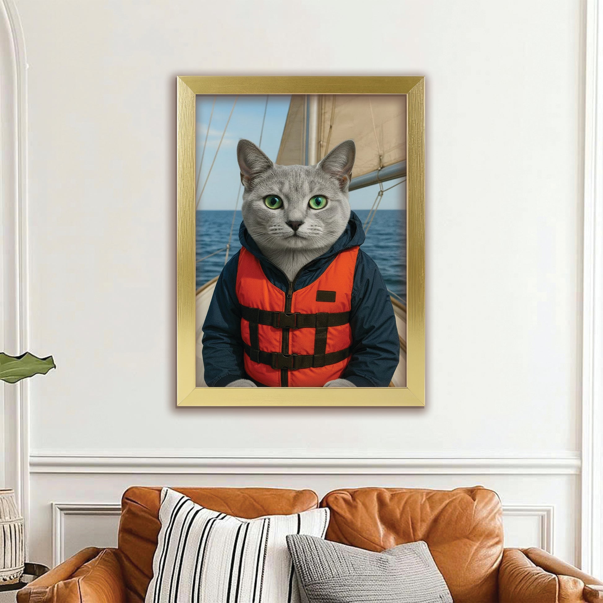 Custom Photo Sailor Cat Canvas Framed Wall Art Gift For Cat Lovers