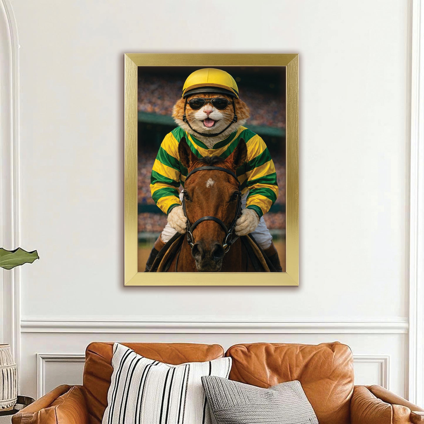 Custom Photo Jockey Horse Racing Cat Canvas Framed Wall Art  Gift For Cat Lovers