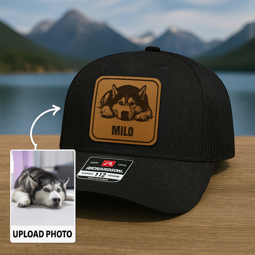 Custom Dog Photo Trucker Hat | Personalized Pet Patch Leather Patch Hat | Dog Lovers Gift TNGANSP018