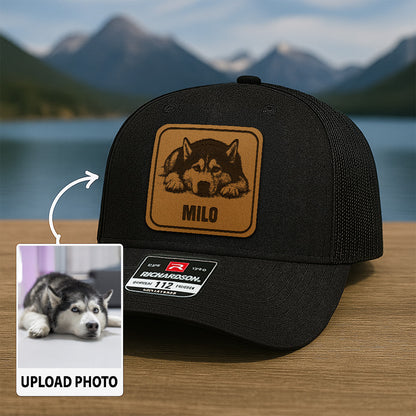 Custom Dog Photo Trucker Hat | Personalized Pet Patch Leather Patch Hat | Dog Lovers Gift TNGANSP018