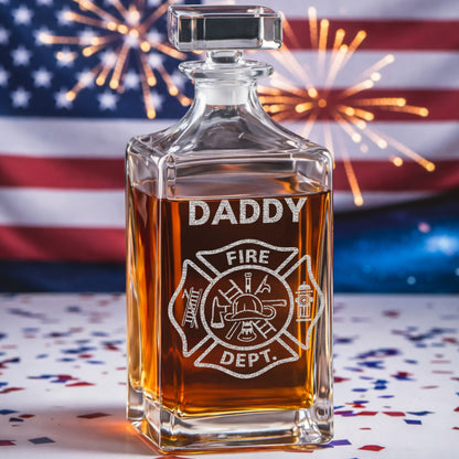 Firefighter Dad Whiskey Decanter Set, Personalized Name Glass Gift for Dad