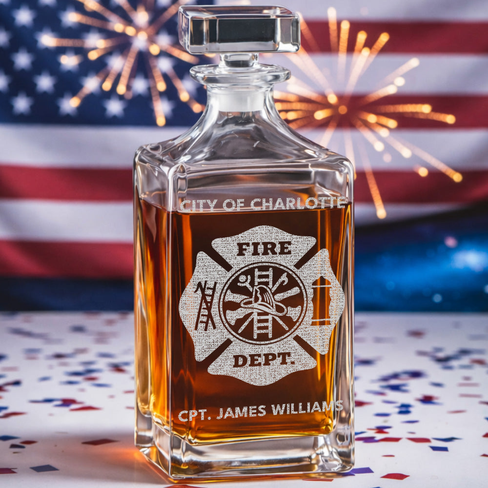Custom Fire Department Whiskey Decanter Set, Engraved Name Firefighter Gift