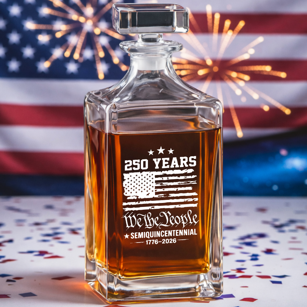 We The People 250 Years Engraved Whiskey Decanter Set, Patriotic USA Flag Bourbon Gift 1776–2026 THUC99