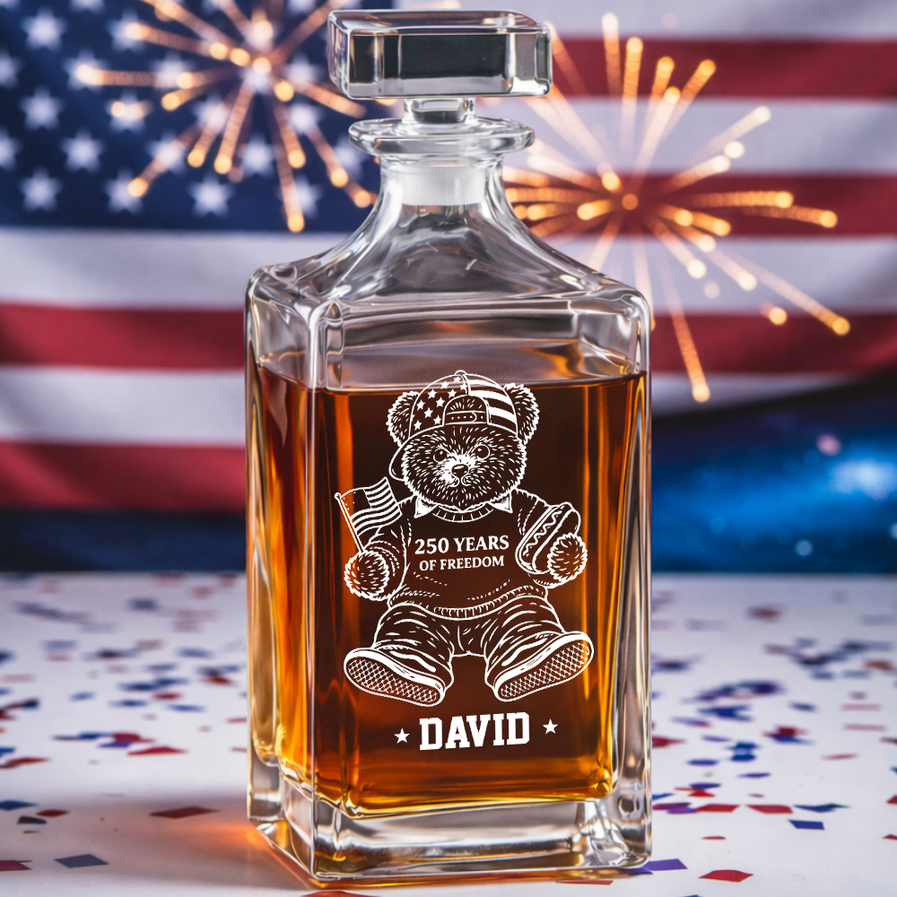 Personalized America 250 Years Engraved Whiskey Decanter Set, Patriotic Teddy Bear Gift 1776–2026 THUC99