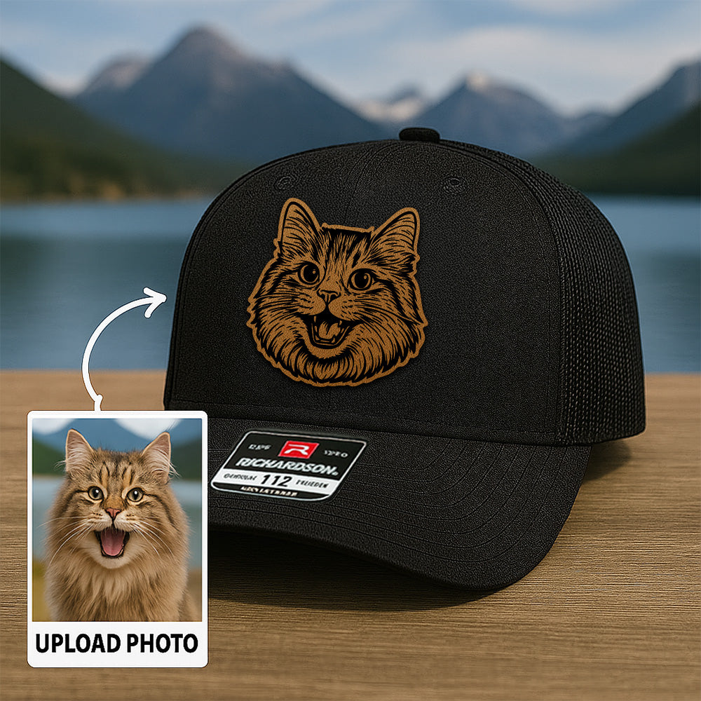 Custom Pet Photo Trucker Hat – Personalized Leather Patch Hat – Cat Portrait Gift – Custom Pet Face Hat P99A14