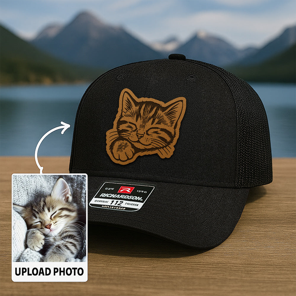 Custom Cat Photo Trucker Hat | Personalized Cat Photo Leather Patch Hat | Cat Lover Gift TNGANSP027
