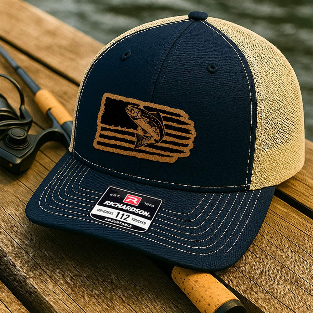 Personalized Fishing Leather Patch Trucker – American Flag Edition – Gift for Outdoorsmen THUC99MF03