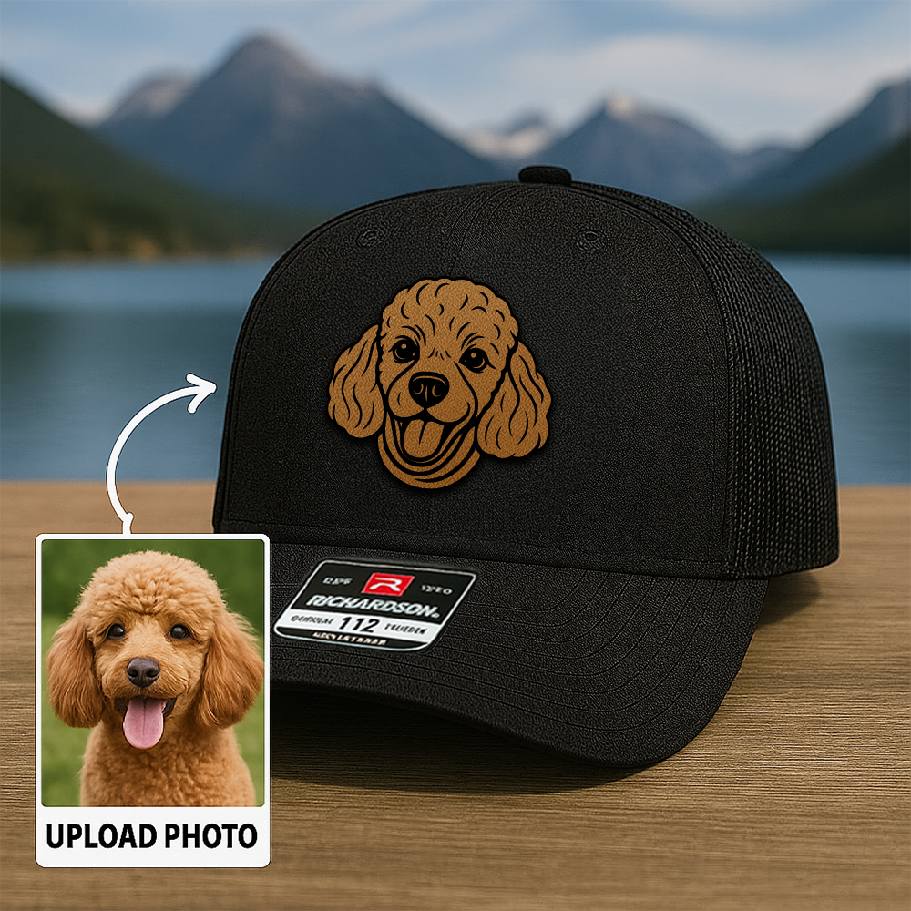Custom Pet Photo Trucker Hat – Personalized Leather Patch Hat – Dog Portrait Gift – Custom Pet Face Hat P99A11