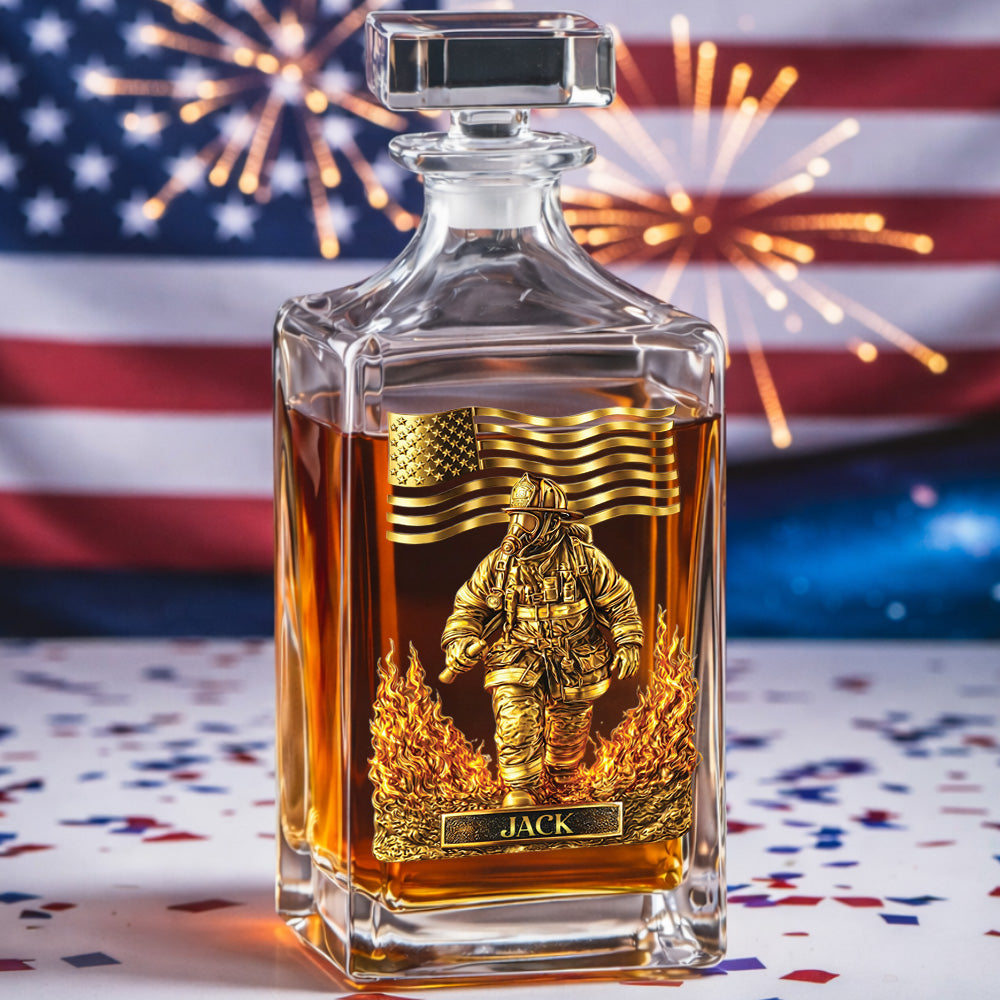 Personalized Firefighter Decanter Set – Gold Fireman & American Flag Custom Whiskey Gift