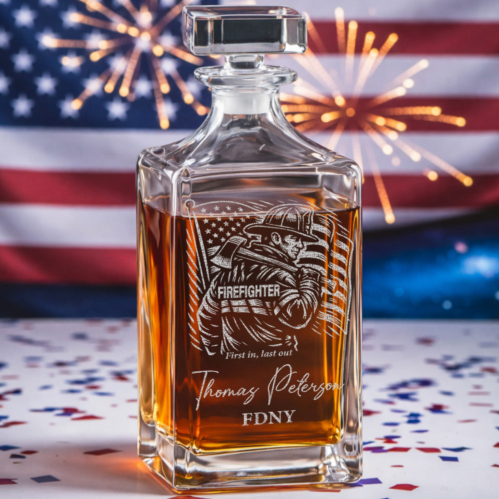 Custom Firefighter Decanter & Whiskey Glass Set, Engraved Name Gift for Firefighters