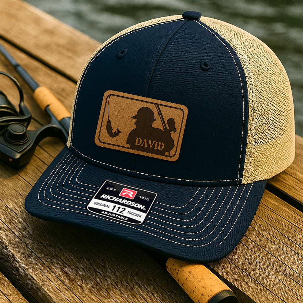 Custom Logo Fishing Leather Patch Hat – Perfect Gift for Fisherman, Dad, or Grandpa THUC99MF01