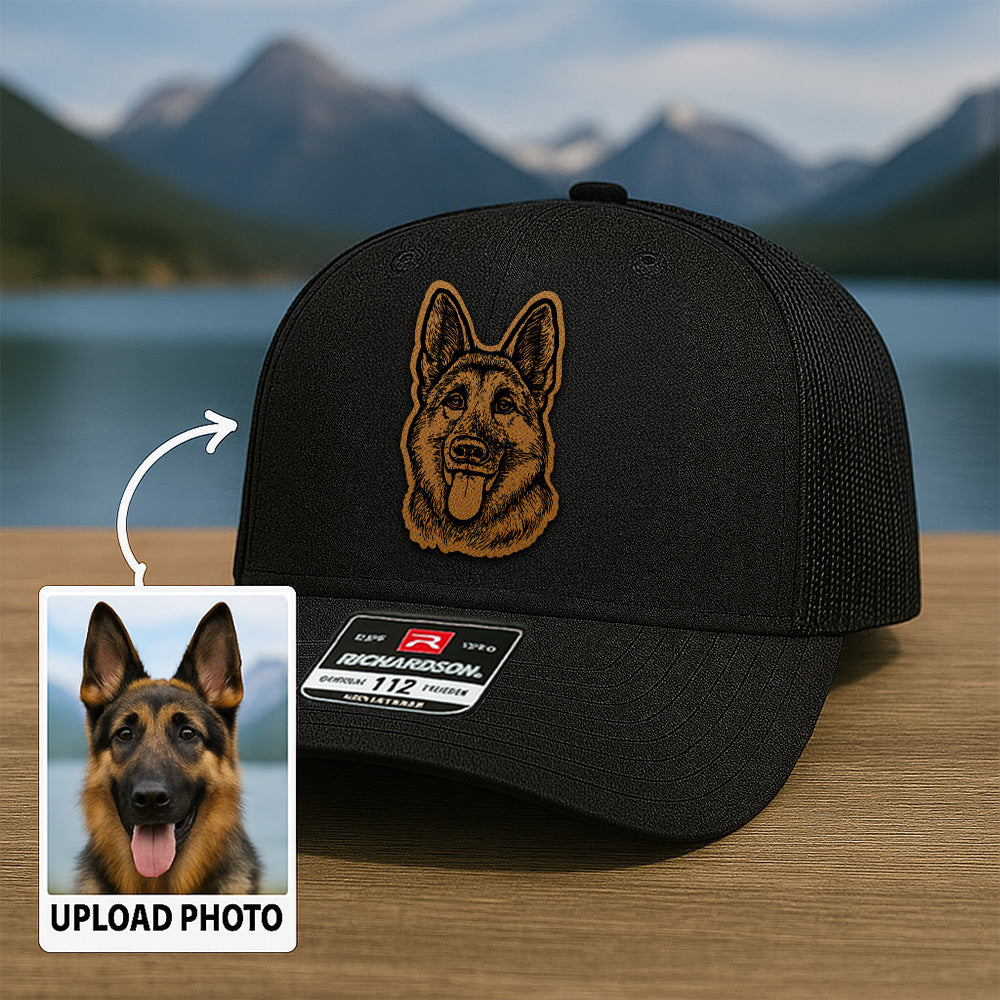 Custom Pet Photo Trucker Hat – Personalized Leather Patch Hat – Dog Owner Gift – Custom Pet Hat PH009