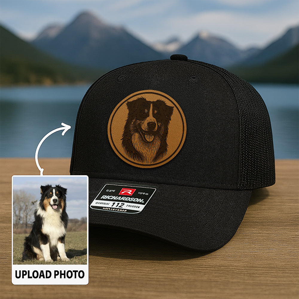 Custom Dog Photo Trucker Hat | Personalized Pet Patch Leather Patch Hat | Dog Memorial Gift TNGANSP023