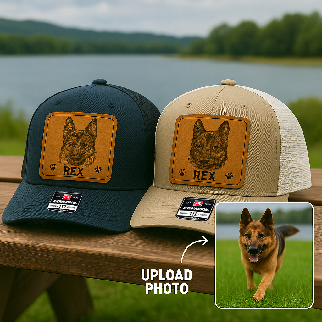Custom Pet Photo Trucker Hat – Personalized Leather Patch Hat – Dog Owner Gift – Custom Pet Hat NGOC99A9