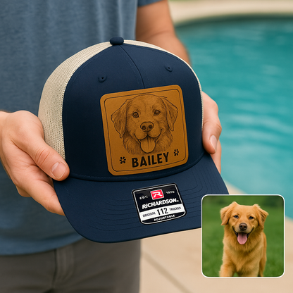 Custom Pet Photo Trucker Hat – Personalized Leather Patch Hat – Dog Portrait Gift – Custom Pet Face Hat NGOC99A8