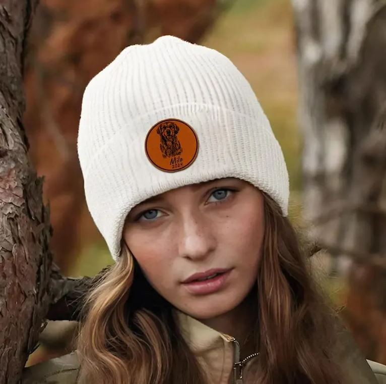 Custom Dog Photo Beanie Gifts | Personalized Winter Hats with Leather Patch | Dog Lovers Gifts