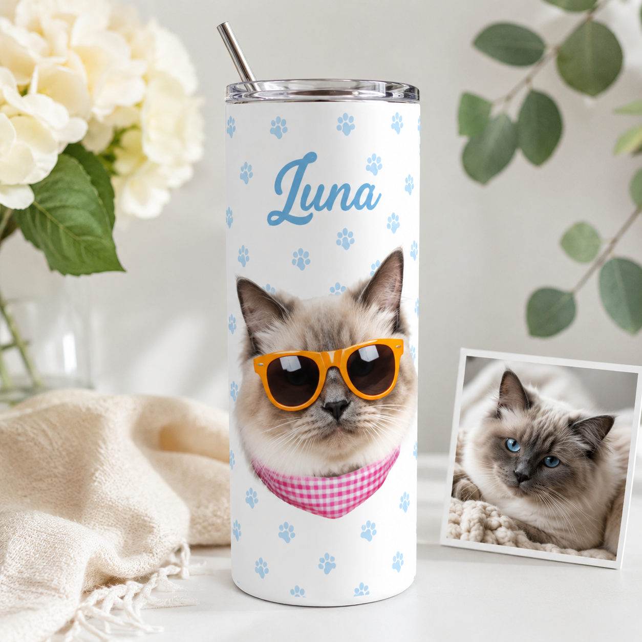 Personalized Photo Pretty Cat 20oz Skinny Tumbler – Custom Cat Photo Skinny Tumbler for Woman and Cat Owners TOM99