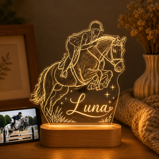 Custom Photo Jump Racing Horse Wooden Led Light | Personalized Horse Photo Wooden Led Light | Gift For Horse Lovers TOM99