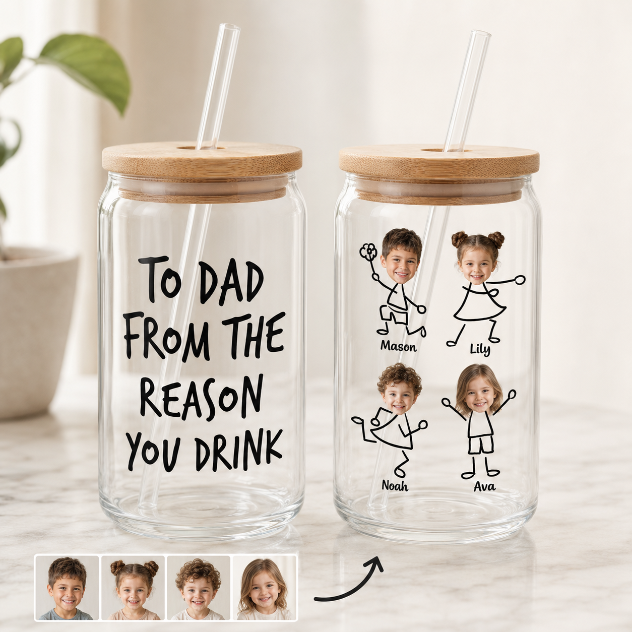 Custom Photo To Dad From The Reason You Drink Glass 16oz | Personalized Dad Glass Cup with Bamboo Lid & Straw | Gift For Father TOM99