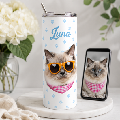 Personalized Photo Pretty Cat 20oz Skinny Tumbler – Custom Cat Photo Skinny Tumbler for Woman and Cat Owners TOM99