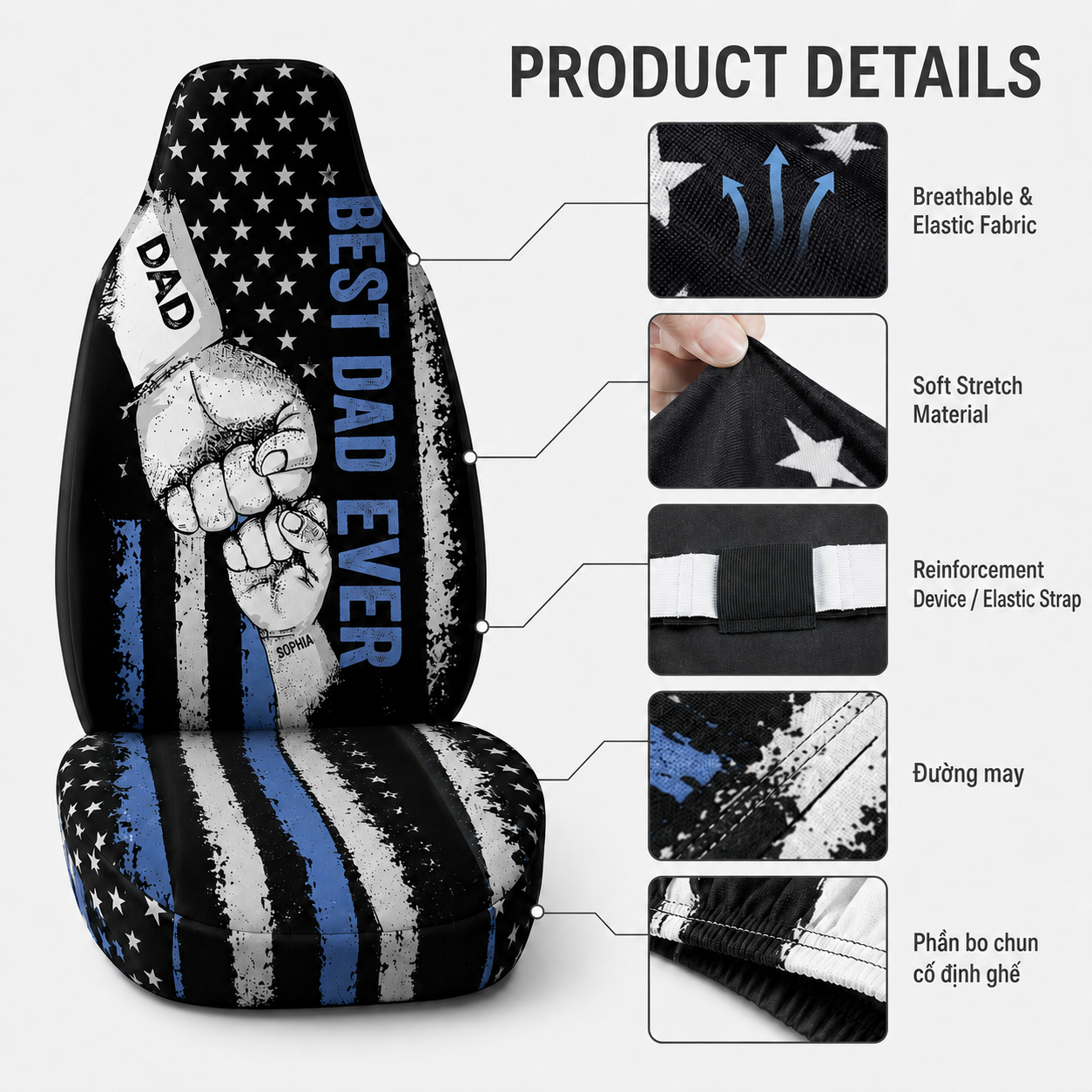 Personalized Best Dad Ever Portrait Car Seat Cover, Custom Dad Seat Protector, Gift For Dad TOM99