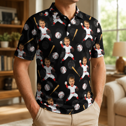 Custom Photo Dad Baseball Polo Shirt, Personalized Polo Shirt For Husband Dad Grandfather TOM99