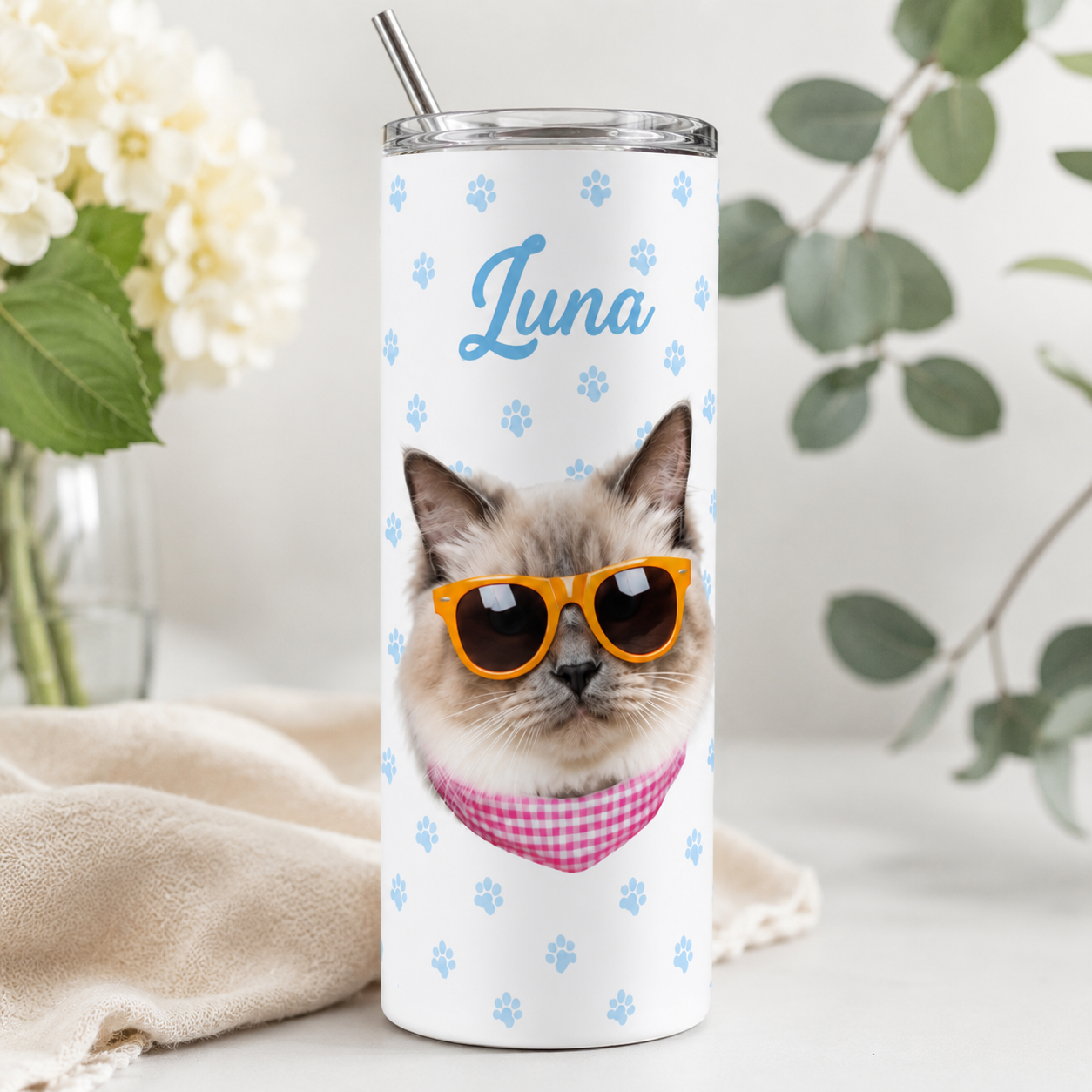Personalized Photo Pretty Cat 20oz Skinny Tumbler – Custom Cat Photo Skinny Tumbler for Woman and Cat Owners TOM99