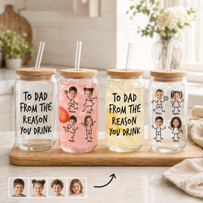 Custom Photo To Dad From The Reason You Drink Glass 16oz | Personalized Dad Glass Cup with Bamboo Lid & Straw | Gift For Father TOM99