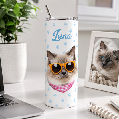 Personalized Photo Pretty Cat 20oz Skinny Tumbler – Custom Cat Photo Skinny Tumbler for Woman and Cat Owners TOM99