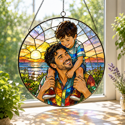 Custom Photo Dad Stained Glass Suncatcher – Personalized Dad Gifts | Gift For Dad TOM99