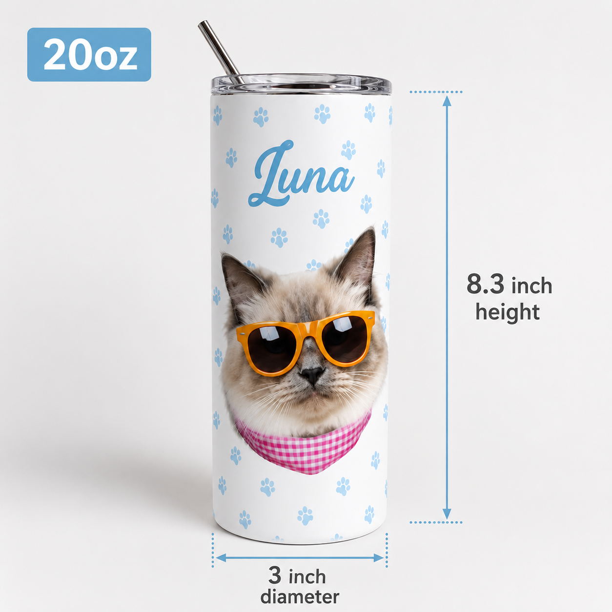Personalized Photo Pretty Cat 20oz Skinny Tumbler – Custom Cat Photo Skinny Tumbler for Woman and Cat Owners TOM99