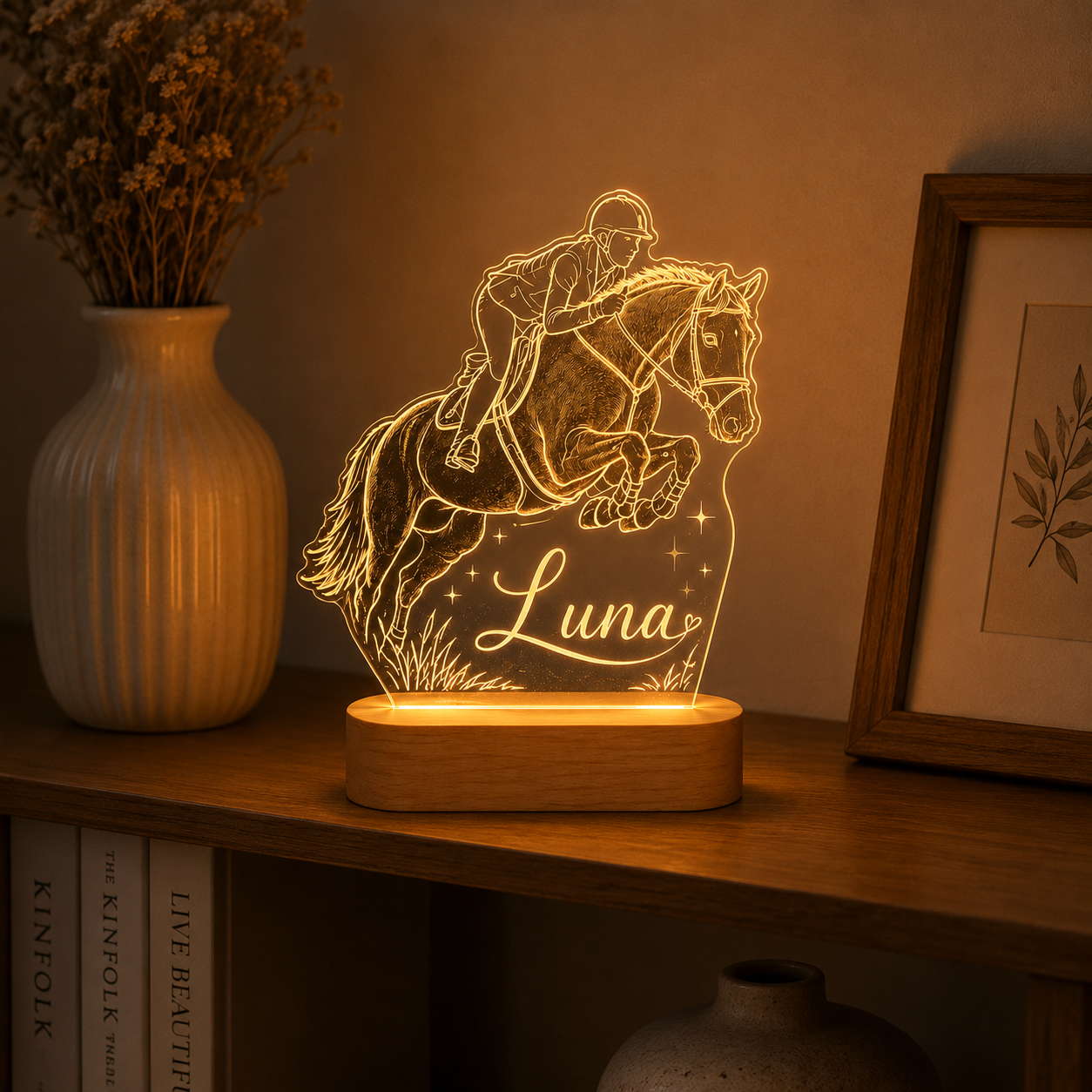 Custom Photo Jump Racing Horse Wooden Led Light | Personalized Horse Photo Wooden Led Light | Gift For Horse Lovers TOM99