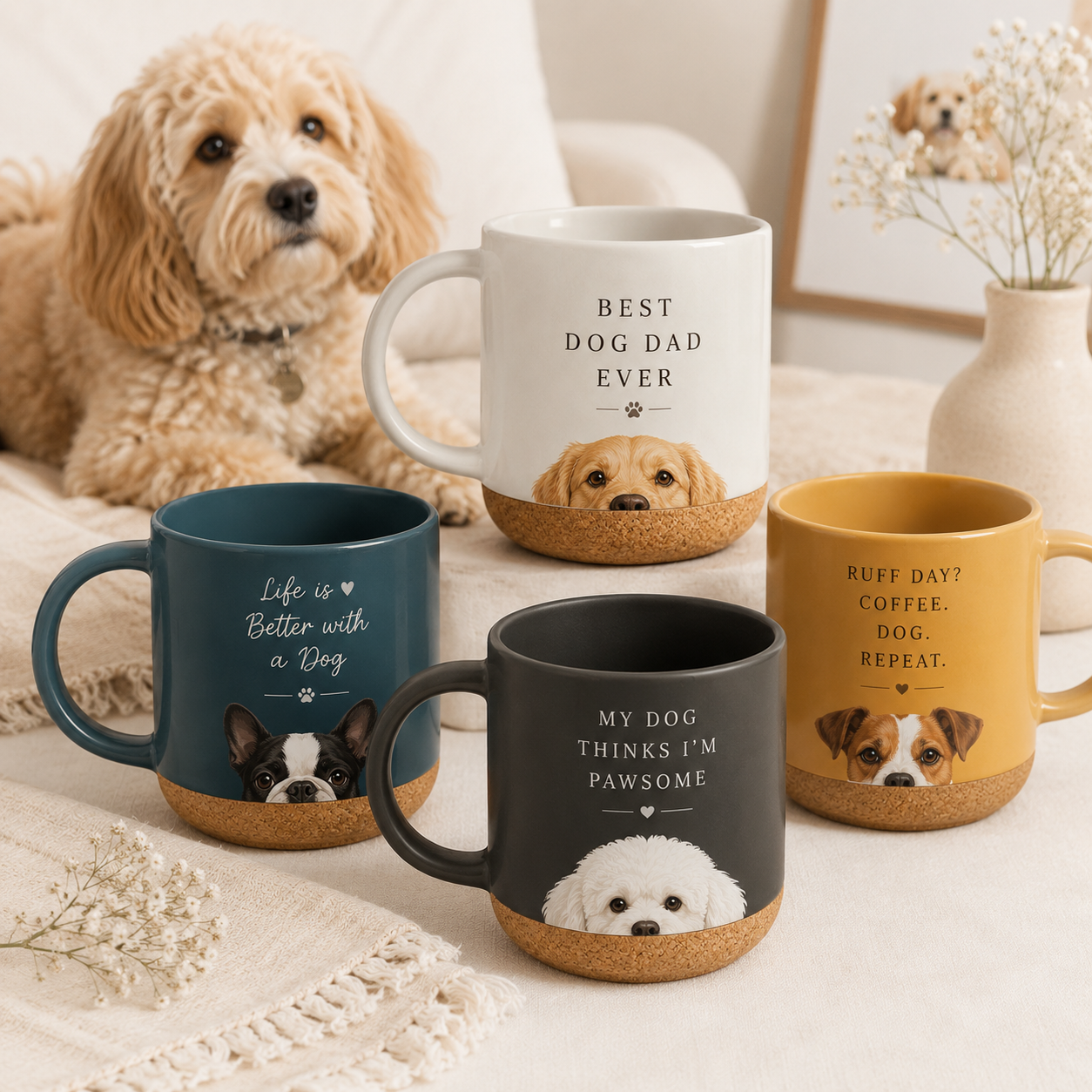 Custom Photo Best Dad Dog Ever 12oz Cork Mug | Gift For Dog Lovers | Pet Lover Gifts TOM99