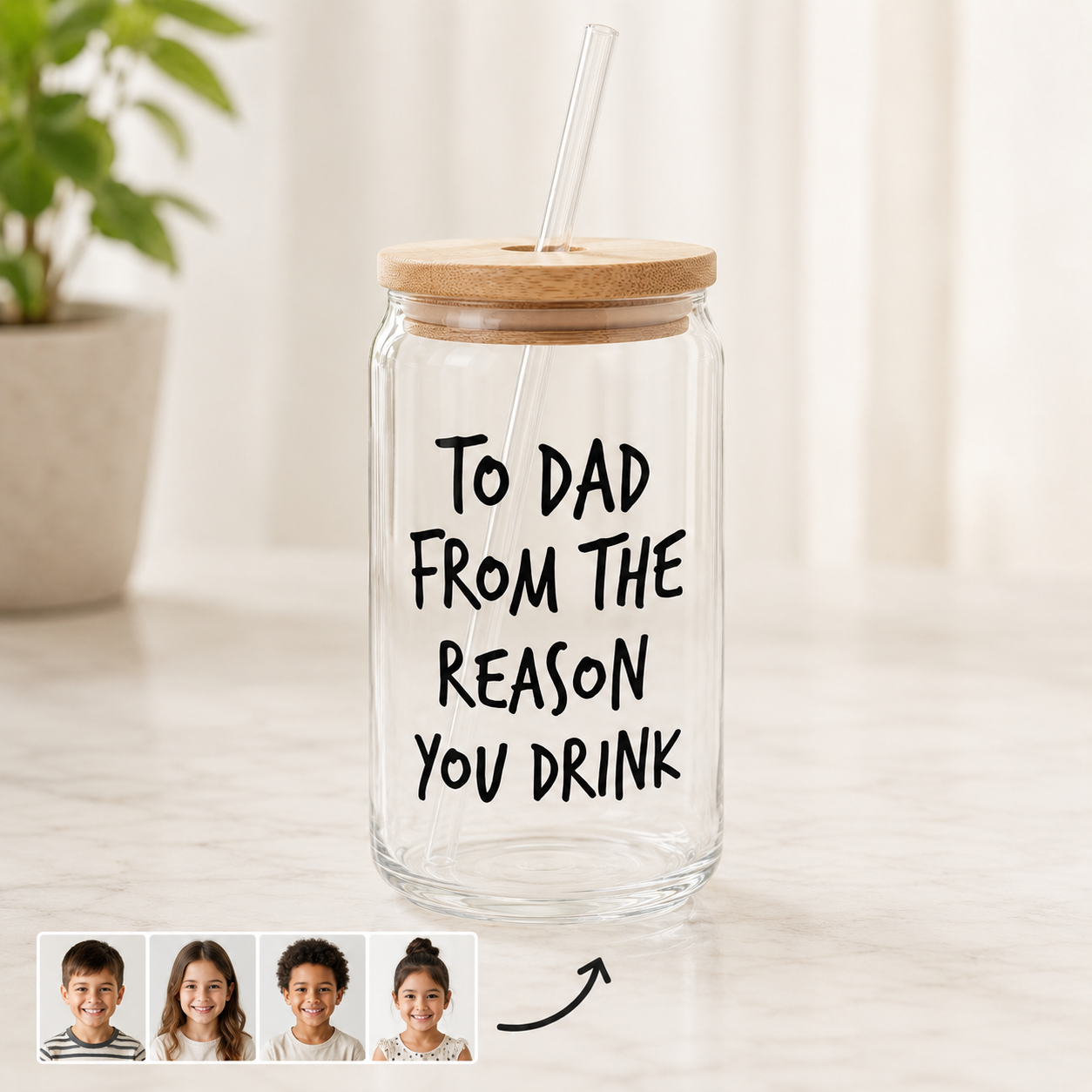 Custom Photo To Dad From The Reason You Drink Glass 16oz | Personalized Dad Glass Cup with Bamboo Lid & Straw | Gift For Father TOM99
