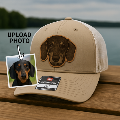 Custom Pet Photo Trucker Hat – Personalized Leather Patch Hat – Dog Owner Gift – Custom Pet Memorial Hat - Dog Lover Gift - Engraved Hat NGOC99A1